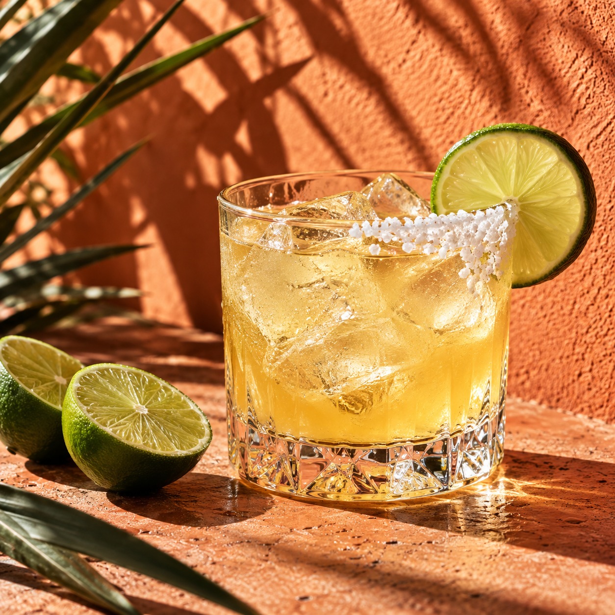 Golden Reposado Margarita with a lime garnish and salt rim