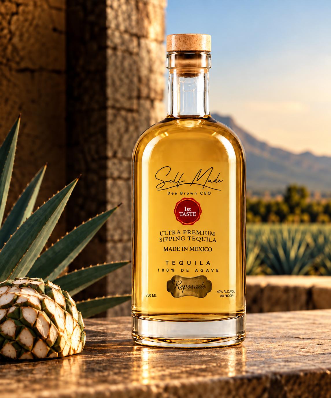 Self Made Reposado bottle beside blue agave in warm sunlight